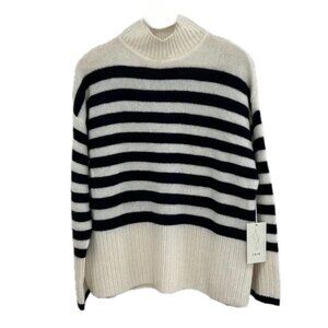 Joie Mock Neck Cashmere Navy White Sweater Striped Ribbed Size Large New